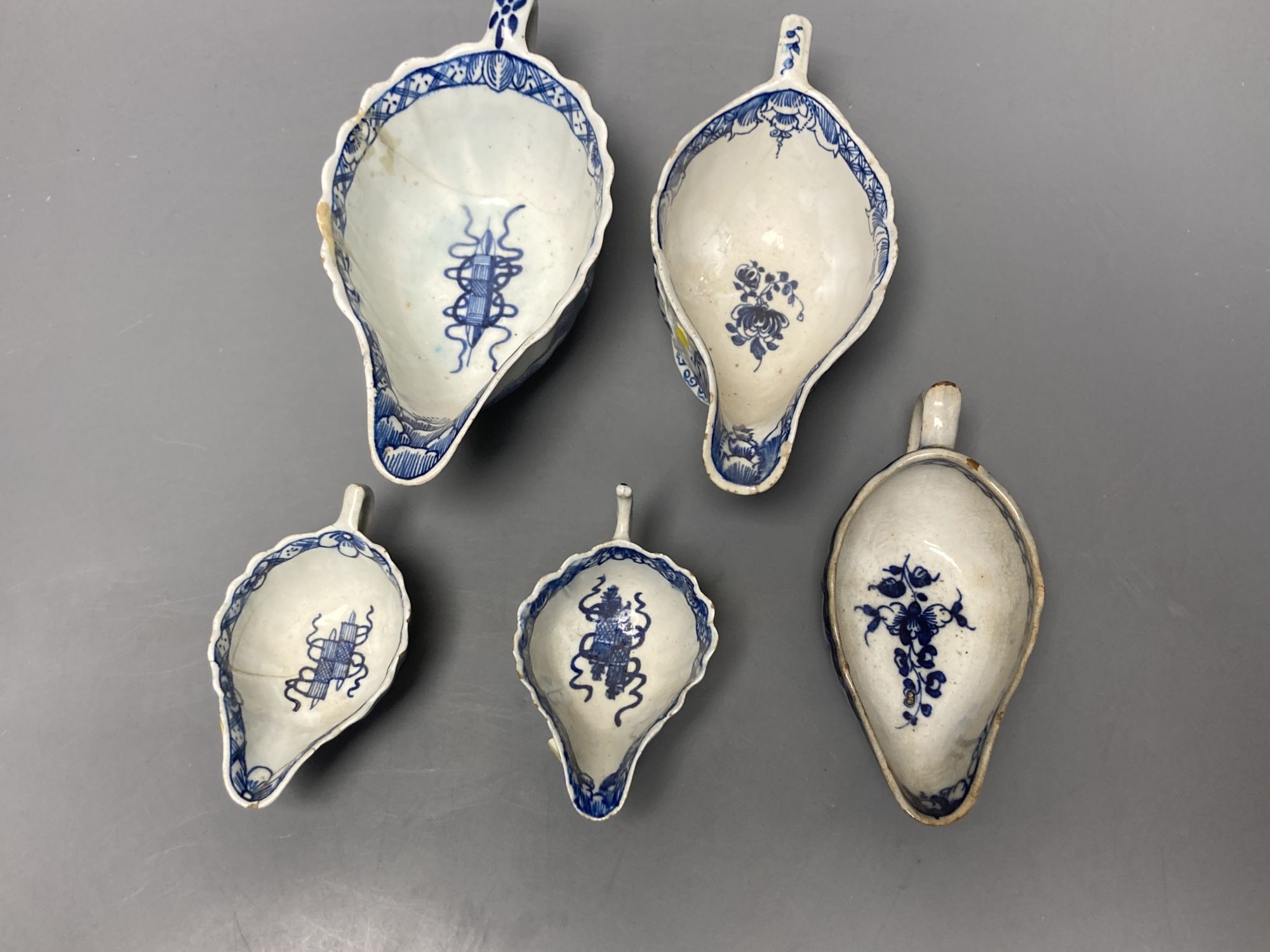 Five Bow blue and white sauceboats, circa 1770.